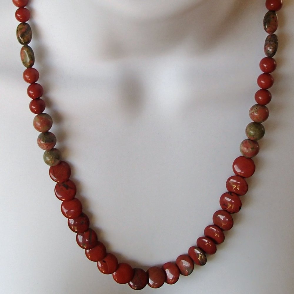 Jasper Unakite Copper Necklace Earrings Set Overlapping Discs Beads Flower Clasp